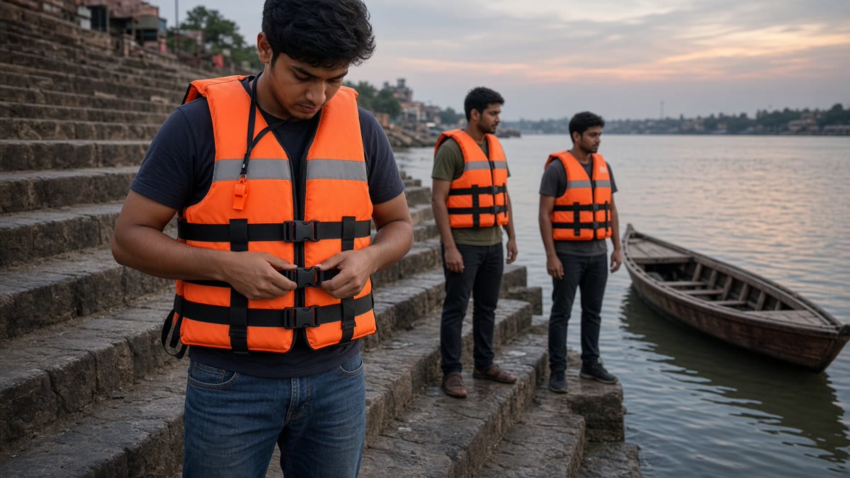 Volunteer fastening the buckles of an orange foam life jacket on ghat steps before boarding a boat