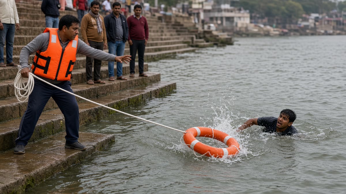 Volunteer on a ghat throwing an orange ring lifebuoy with a rope to a man in the river