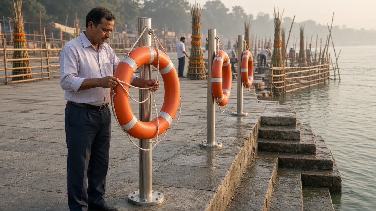 Ghat caretaker checking an orange lifebuoy and rope on a stainless steel lifebuoy stand post before Chhath