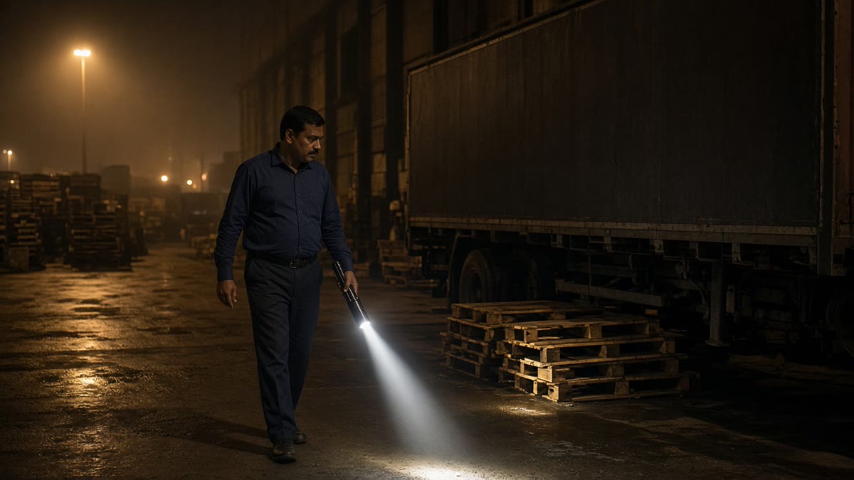 Private security guard on night patrol checking under a parked trailer with a long rechargeable LED search torch
