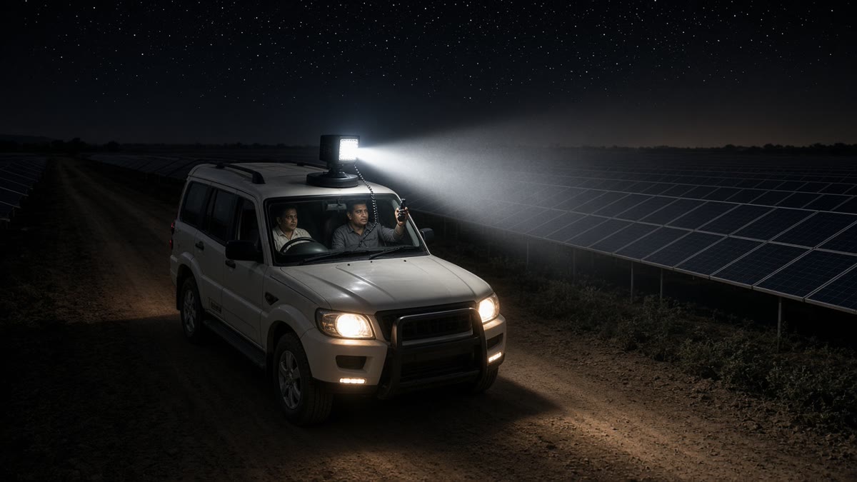 Security patrol SUV with a roof-mounted revolving LED searchlight lighting up solar panel rows at night