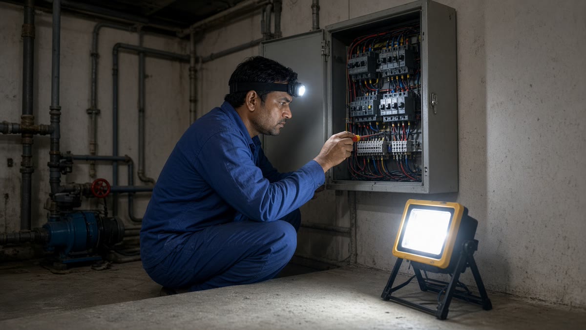 Maintenance technician wearing an LED headlamp repairing an electrical panel lit by a rechargeable LED flood light during a power cut