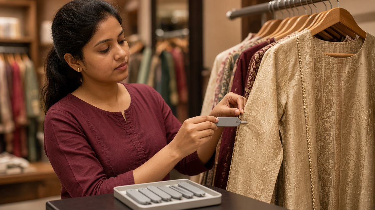 Store assistant pinning a grey anti-theft hard tag onto a silk kurta on a clothing rack