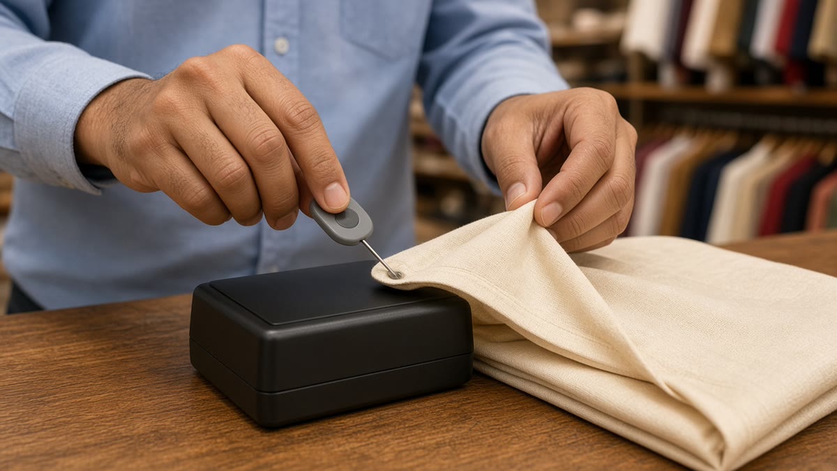 Cashier releasing an anti-theft hard tag pin from a kurta at a magnetic detacher on the billing counter