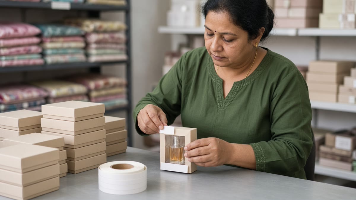 Store staff member applying a thin anti-theft soft label to a boxed perfume gift set in a stockroom