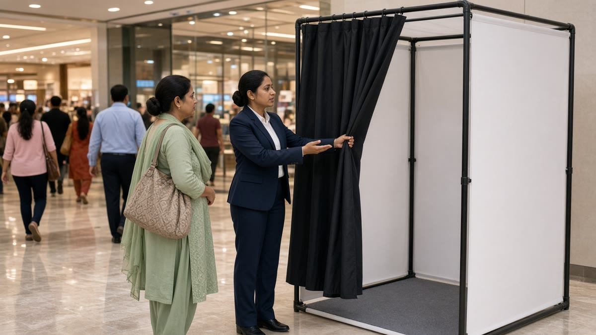 Female private security officer holding open the curtain of a portable ladies frisking cabin for a visitor at a mall entrance