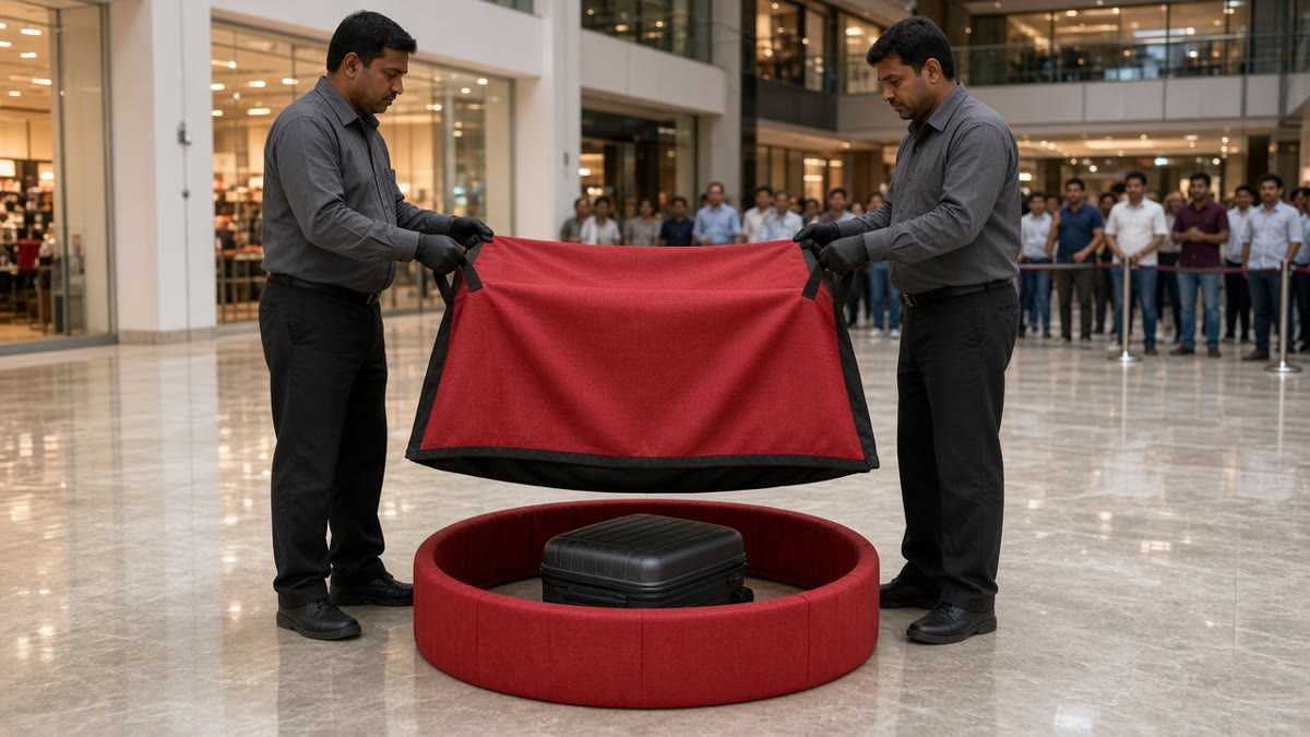 Two private security staff lowering a bomb suppression blanket over a safety ring placed around an unattended suitcase in a mall atrium
