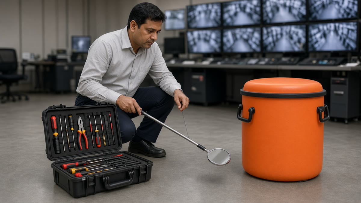 Venue security manager checking an inspection mirror from an RSP tool kit flight case beside an orange bomb basket in a control room