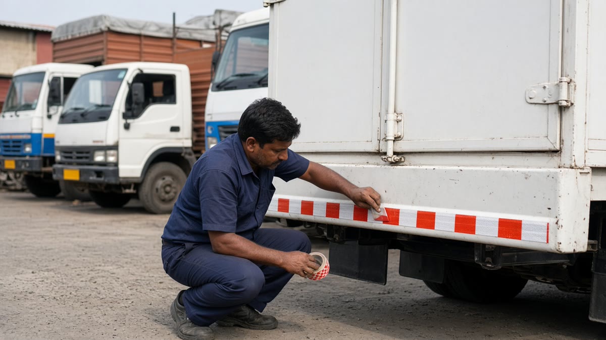 Fleet mechanic applying red and white reflective conspicuity tape to the rear bumper of a goods truck