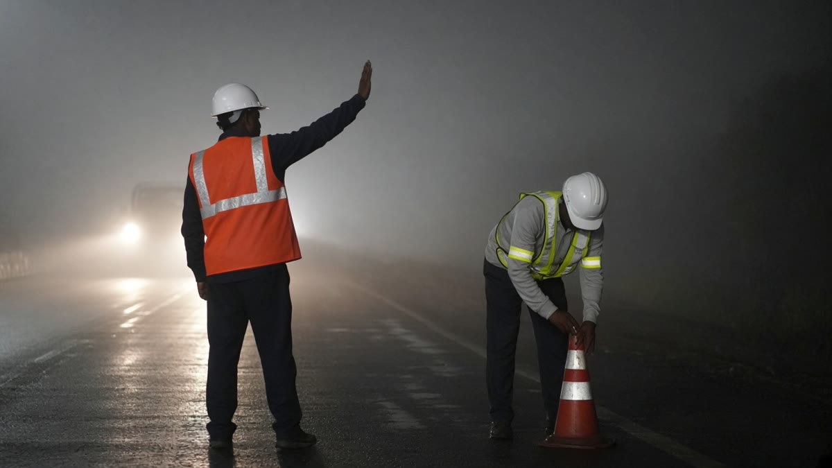 Road crew at night in fog wearing an orange reflective harness-pattern safety jacket, a yellow reflective vest and arm bands