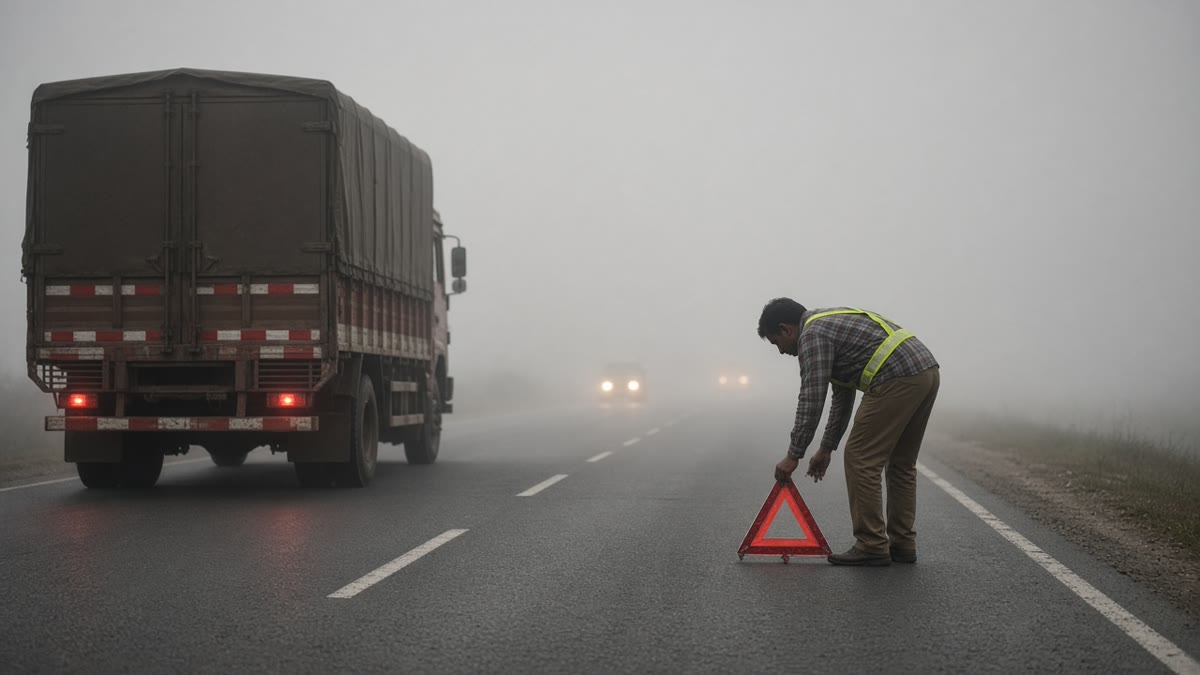 Truck driver wearing a yellow reflective cross belt placing a red folding warning triangle behind a broken-down truck in fog