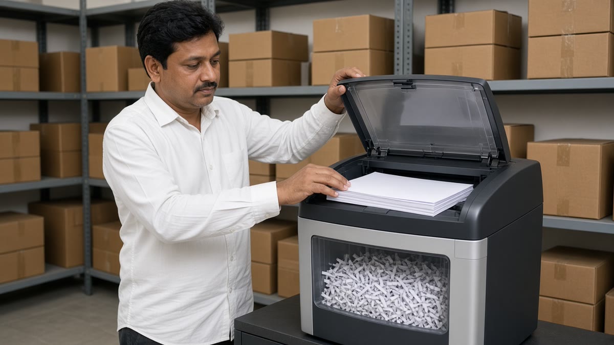 Office assistant loading a stack of old documents into an automatic-feed cross-cut paper shredder in a records room