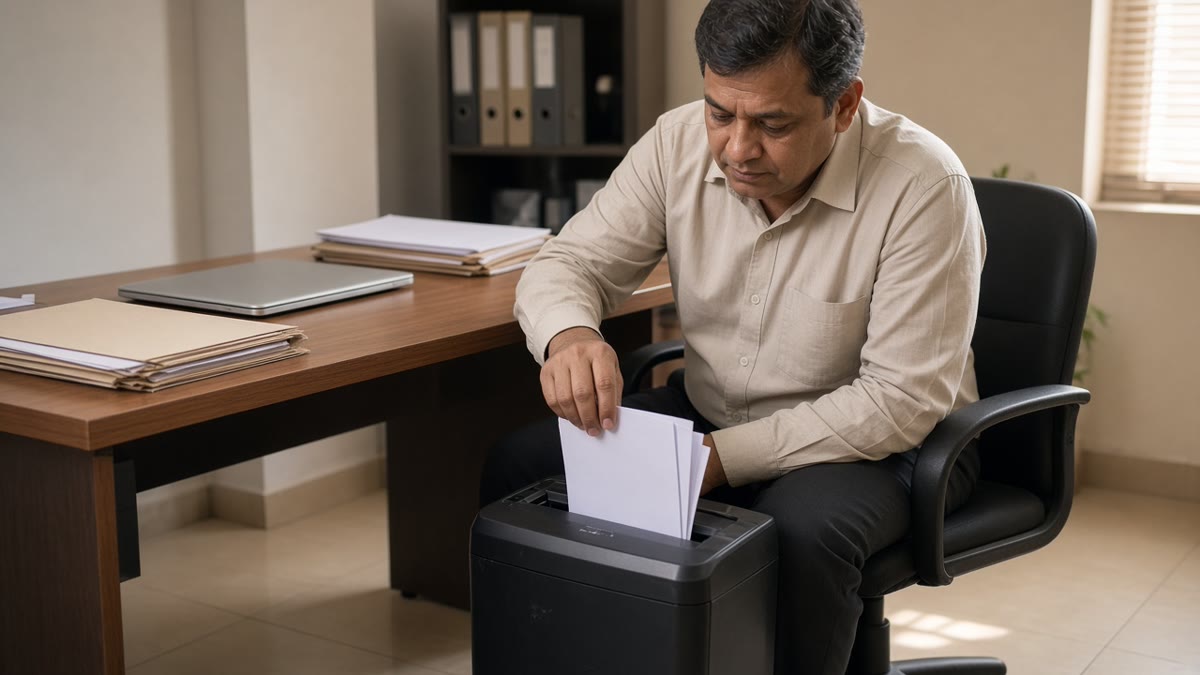 Accountant feeding sheets into a compact cross-cut paper shredder beside his desk