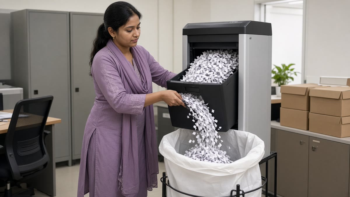 Office staff member emptying the pull-out bin of a paper shredder into a recycling sack