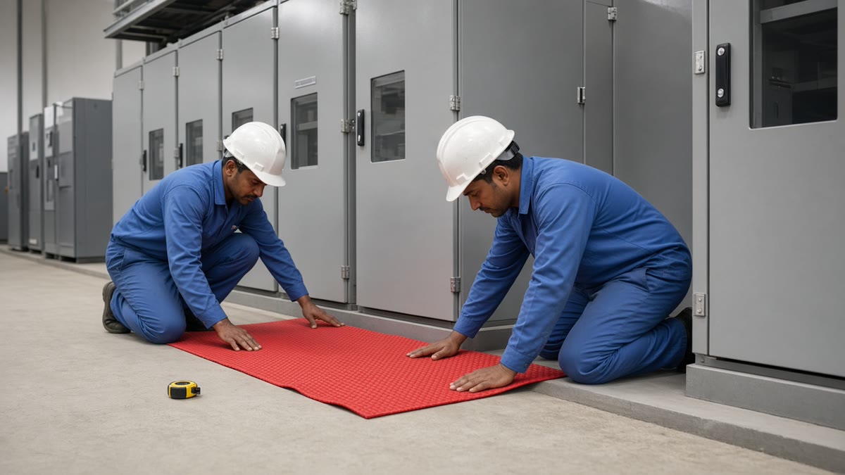 Maintenance workers unrolling and aligning a red rubber electrical safety mat in front of switchgear panels