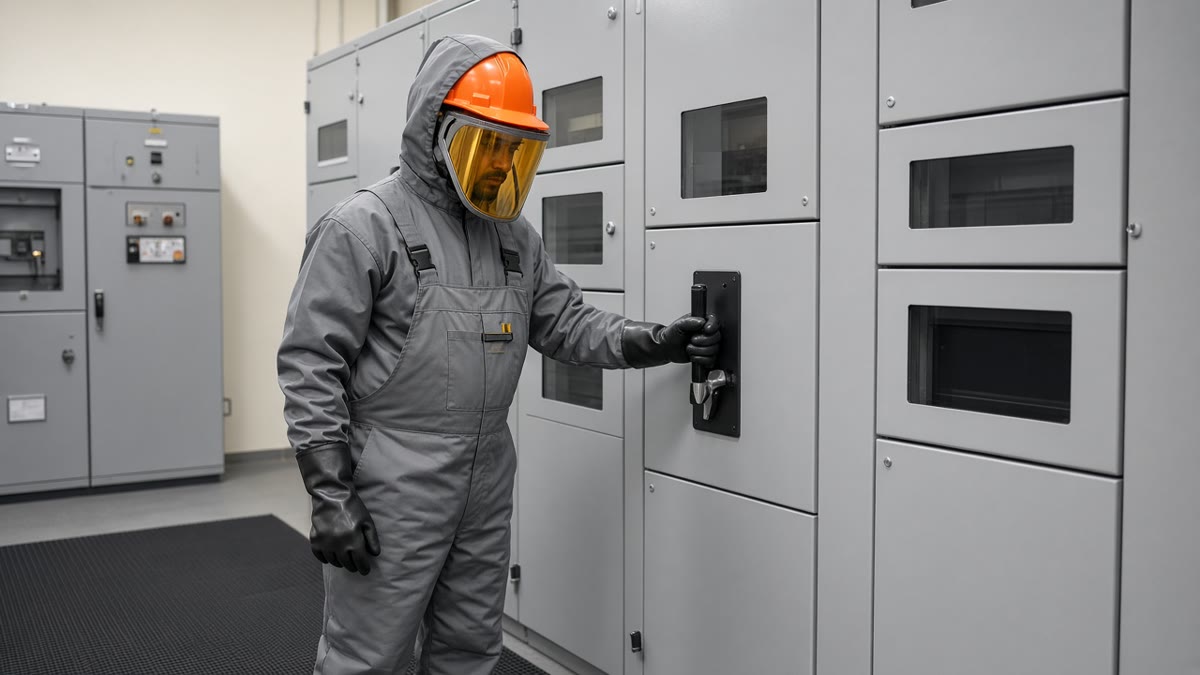 Electrical engineer in a grey 40 cal arc flash suit operating an HT breaker while standing on a rubber electrical mat