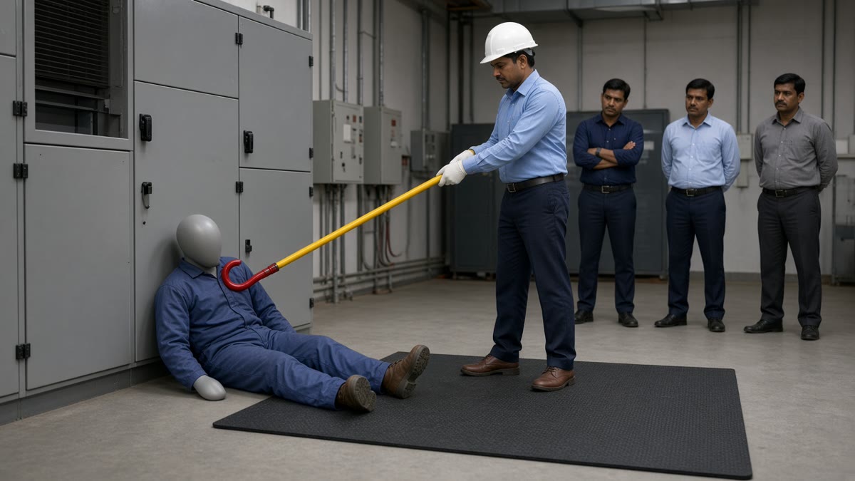 Safety supervisor using an insulated rescue hook to pull a training dummy away from an electrical panel during a drill