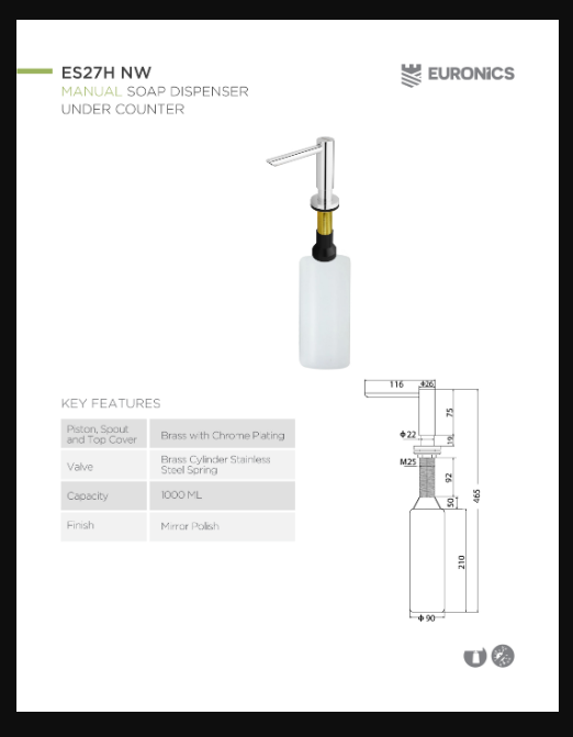 Under Counter Mounting Soap Dispenser Euronics ES27H NW