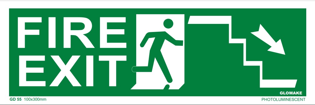 KTI Photo Luminescent Fire Exit Door Downstairs Right Side Signage 100X300mm