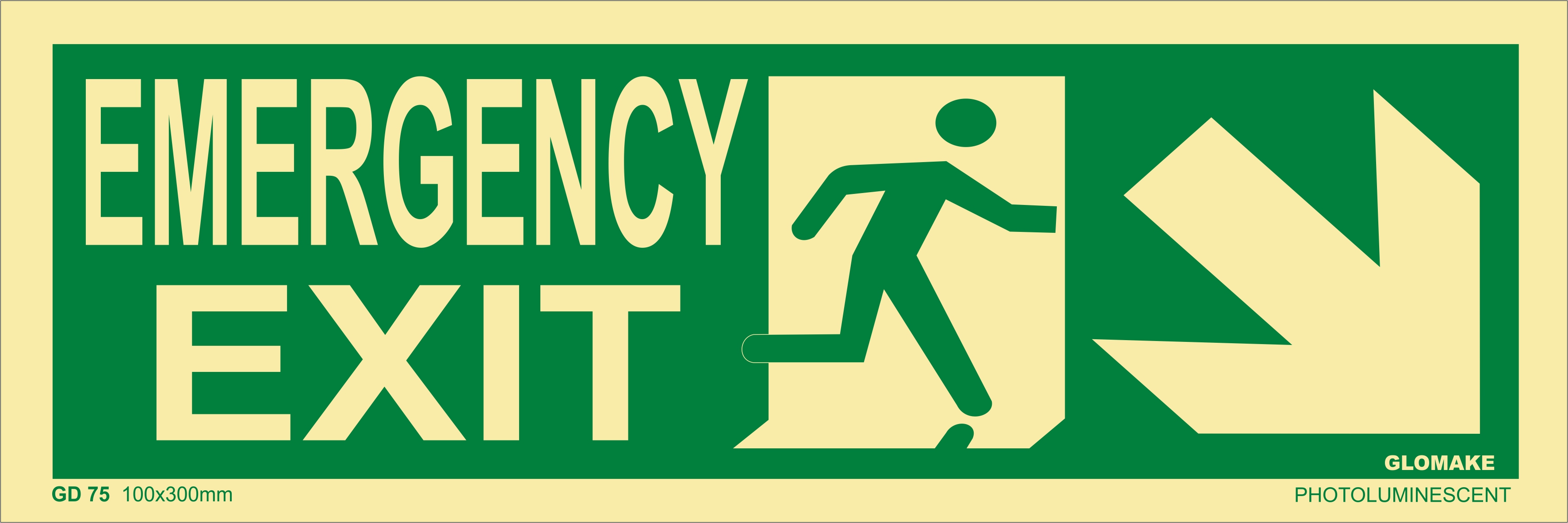 KTI Photo Luminescent Downward Right Corner Arrow Emergency Exit Man Signage Size 100 x 300