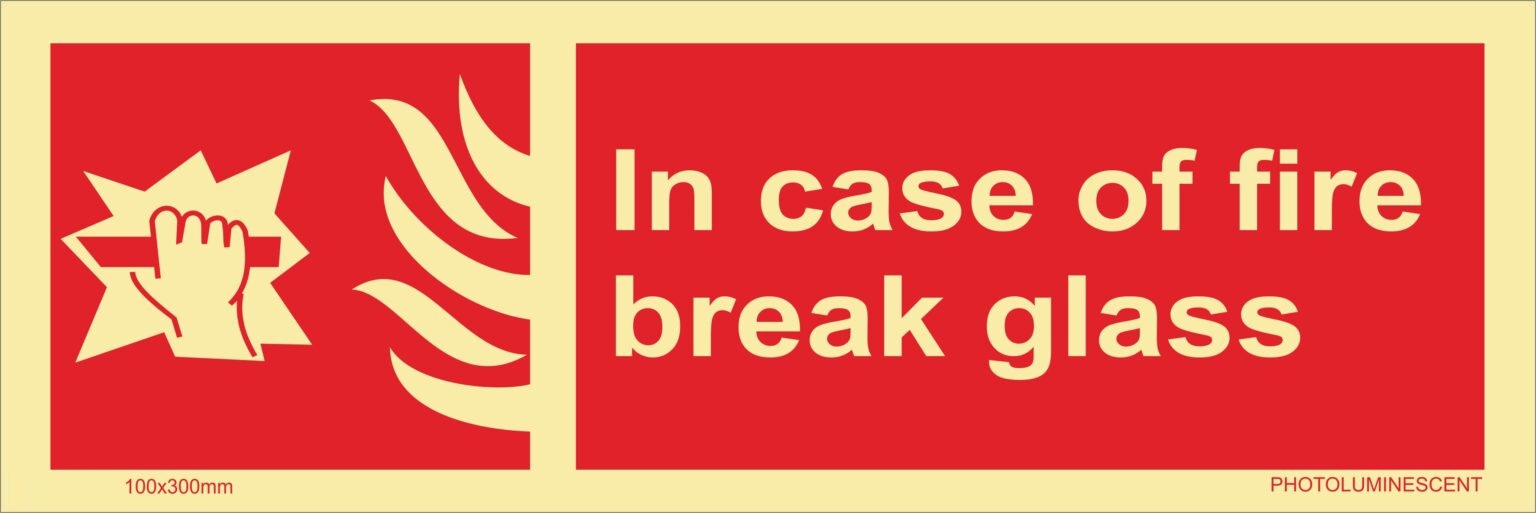 Photo Luminescent IN CASE OF FIRE BREAK GLASS Signage Size 100300 GREEN