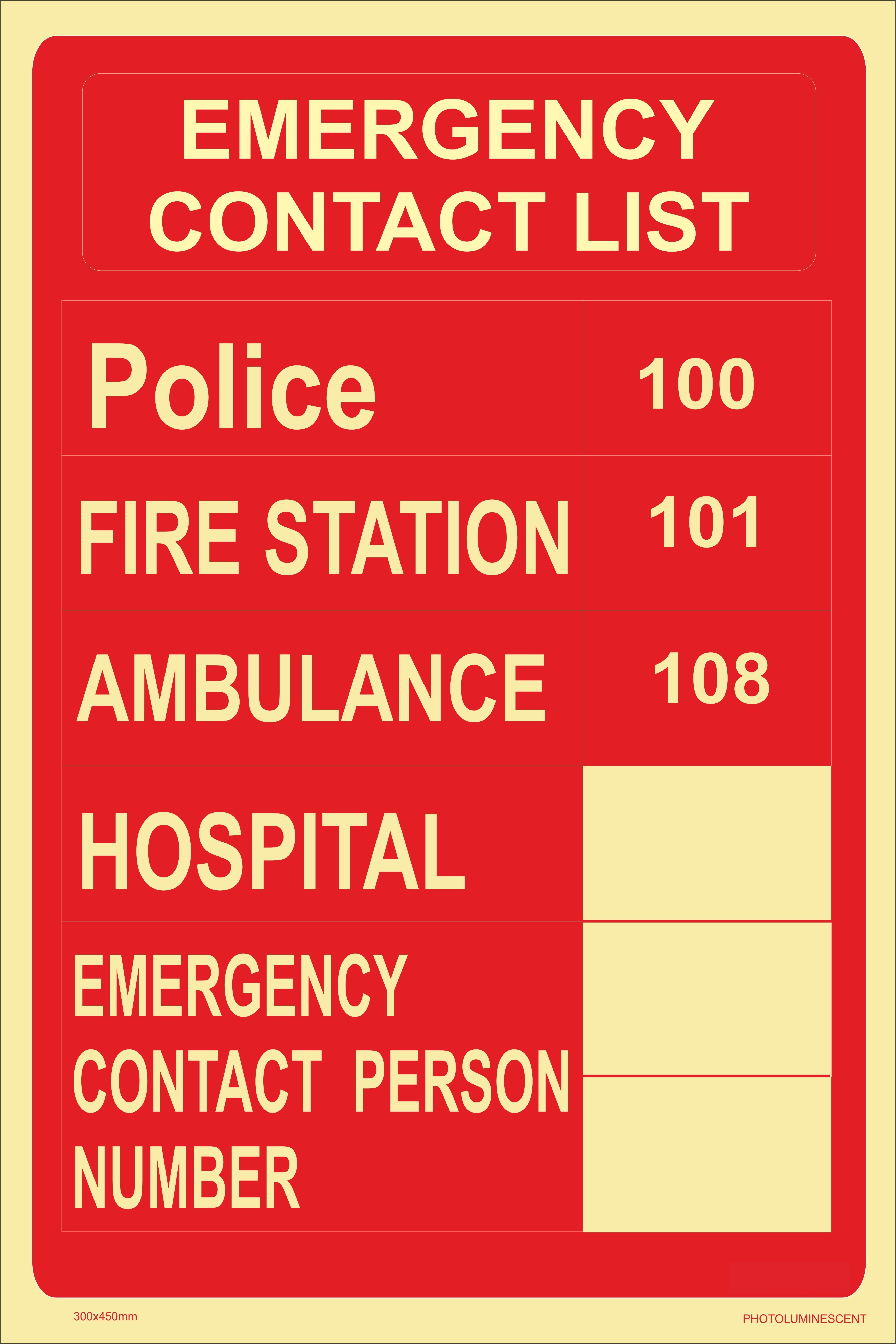 KTI Photo Luminescent Emergency Contact List Signage 300X450mm