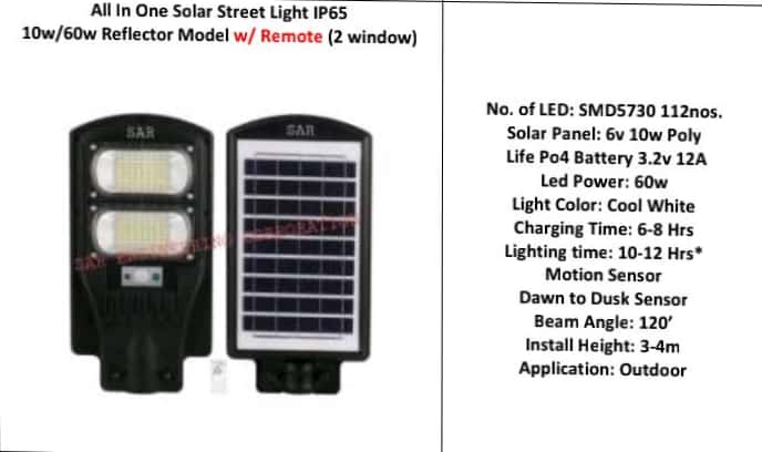 Solar Street Light All In One 60 Watt - 6V Panel with remote